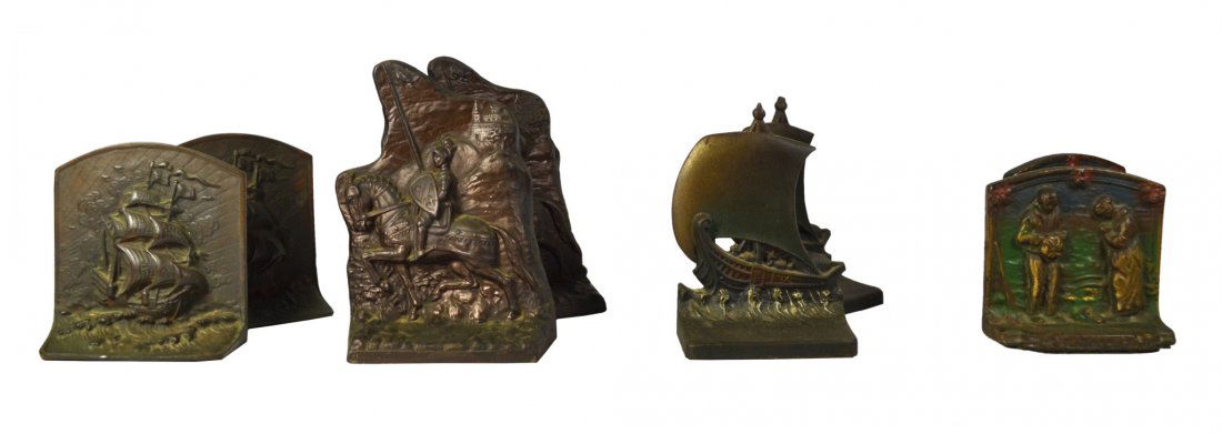 (4 pr.) Bookends, Ship, The Angelus, Constitution: (4 pr.) Bookends, Ship, The Angelus, Constitution Book ends Form: 18 lbs. Material: Cast iron Marks: Angelus , Stamp, S.R.Swartz, B&H Colors: Gold, red, green, Iron , Bronze wash Features: Set of 4 Bo