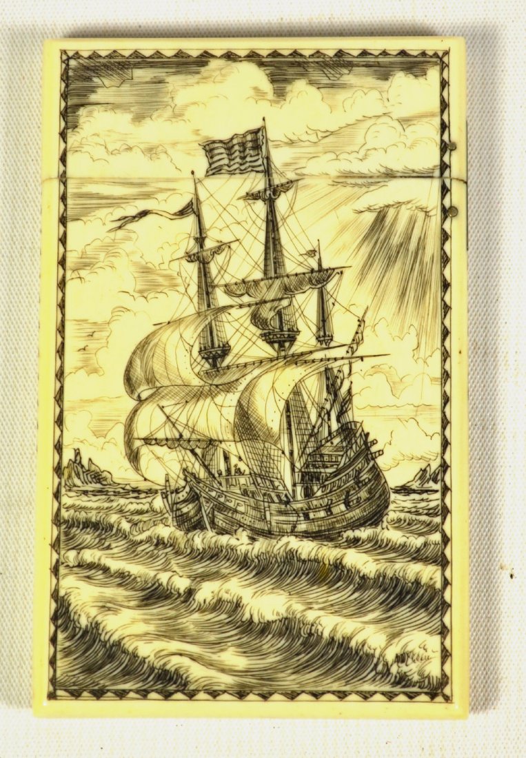 Card Holder, Ivory, Scrimshaw: Card Holder, Ivory, Scrimshaw Card holder. Materials: Elephant ivory. Construction: Carved and hinged. Description: A 19th century piece of ivory with a 20th century engraving. Extremely detailed scri