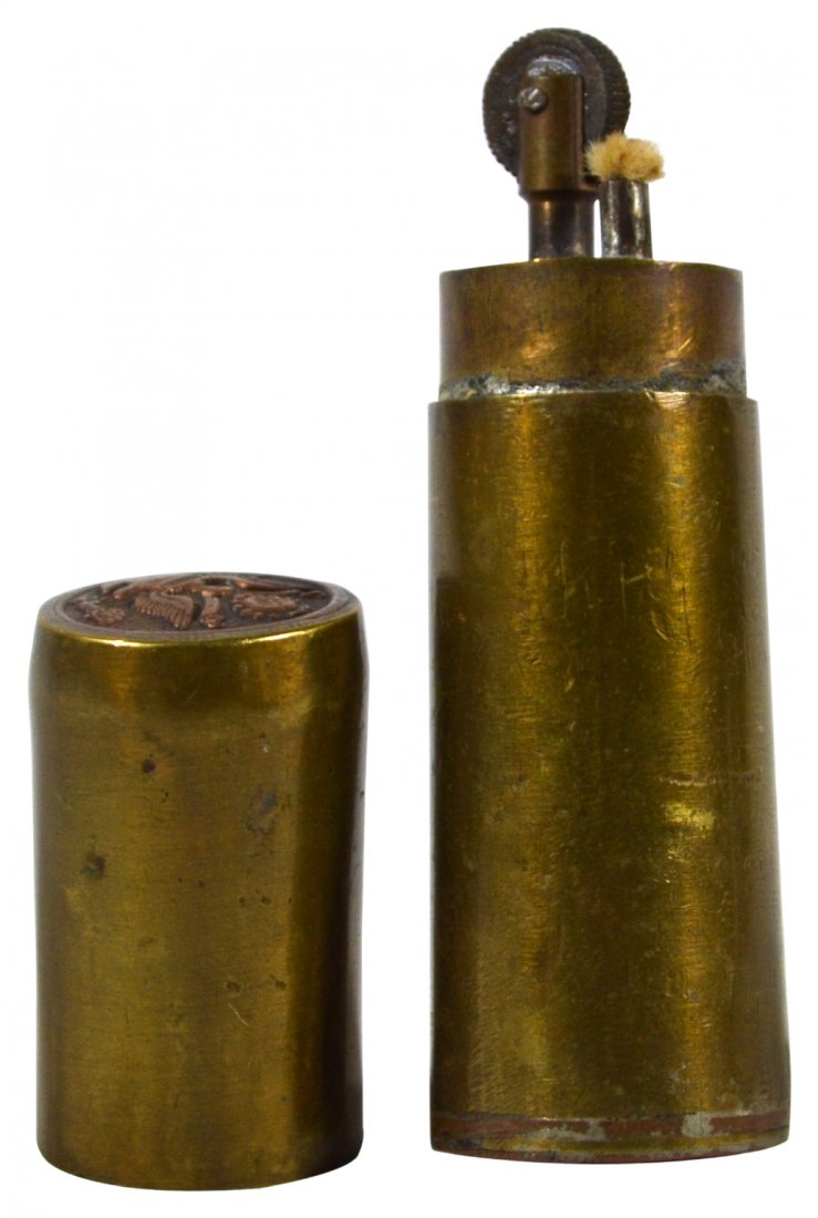 Lighter, Trench Art, Cylinder,WW1,officer buttons: Lighter, Trench Art, Cylinder,WW1,officer buttons Lighter Material: Brass Construction: Assembled, forged, button ends Marks: E pluribus unum Colors: Brass, black, copper Features: Soldier made Trench