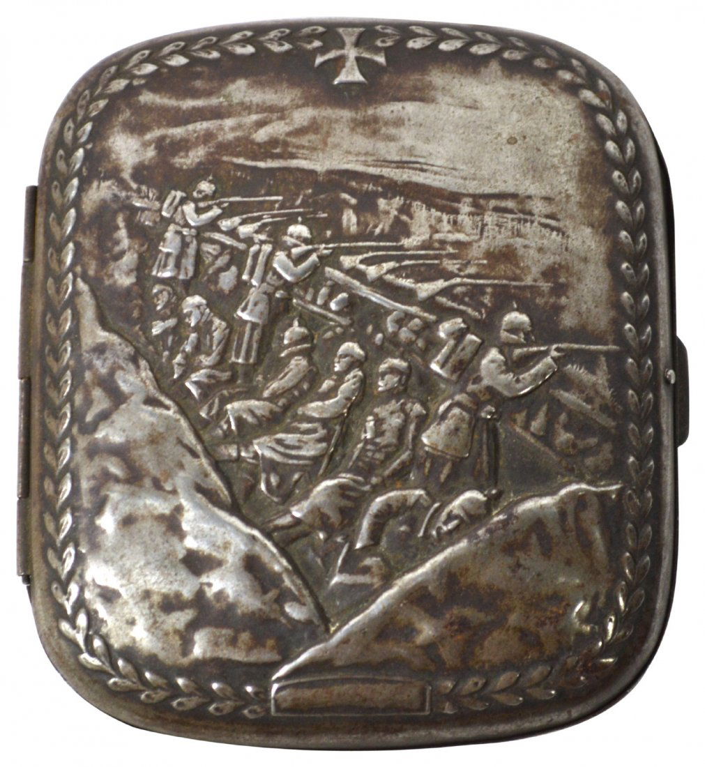 Cigarette Case, German, WW1, Trench Battle scene: Cigarette Case, German, WW1, Trench Battle scene Cigarette case Material: Metal, tin Construction: Chased, hinged Marks: Iron cross Colors: Silver Features: Metal chased cigarette case, depicting Germ