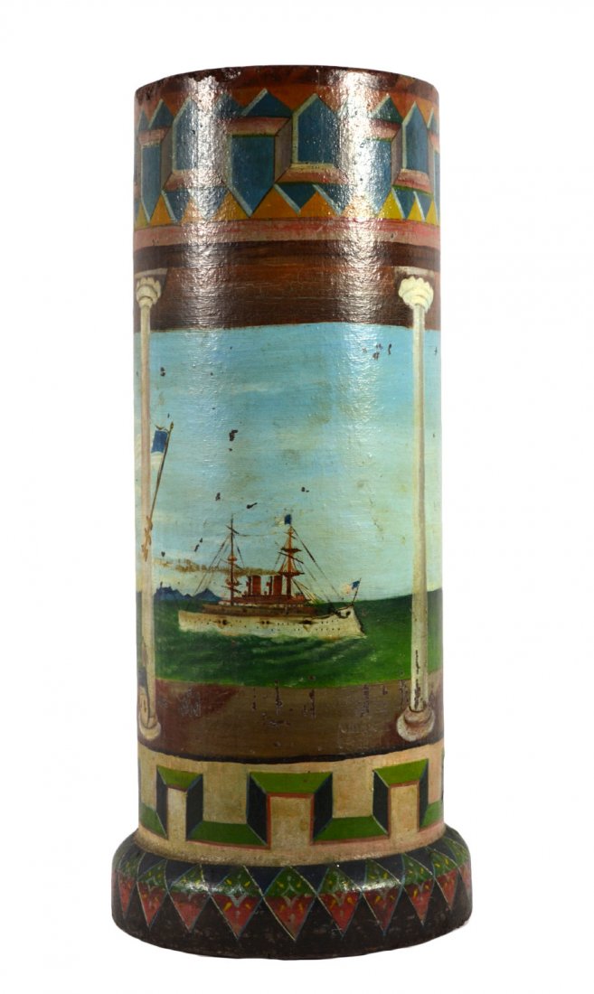 Fantastic Folk Art 'USS Maine in Havana Harbor': Fantastic folk art tribute to the, 'USS Maine in Havana Harbor', C. 1900 Painted on a drain pipe Material: Oil paint on clay. Colors: Blue, brown, red, white and green. Features: Hand painted view loo
