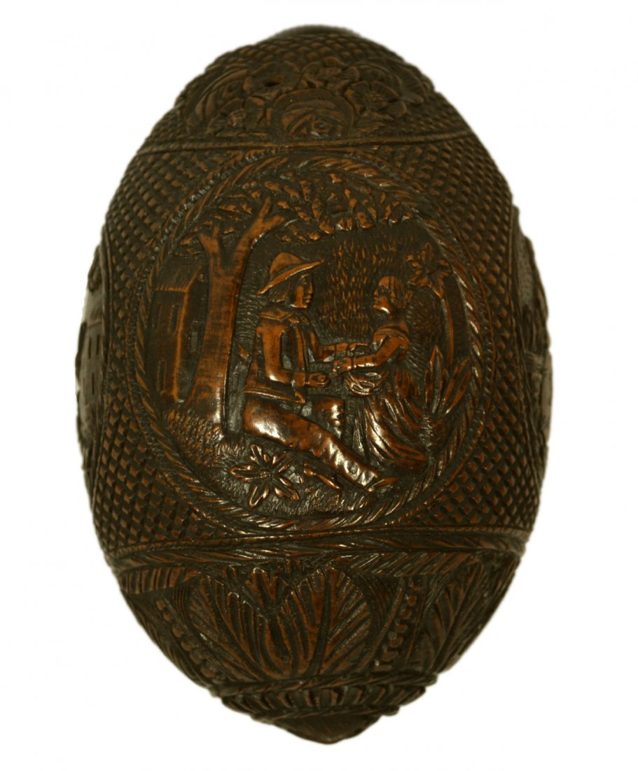 Coconut Carving, Flask, Genre Vignettes: Coconut Carving, Flask, Genre Vignettes Coconut flask Material: Coconut shell Maker & Markings: No maker marks, Outstanding hand carved flask with four panel motifs depicting Genre Vignettes, first pa
