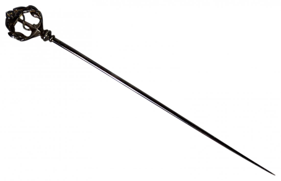 Navy stickpin,Anchor and Rope,Christofle: Navy stickpin,Anchor and Rope,Christofle Navy stickpin Material: Silver Maker & Markings: Navy stickpin depicting wreath with two figural snake heads at bottom of wreath with anchor and rope inside wr