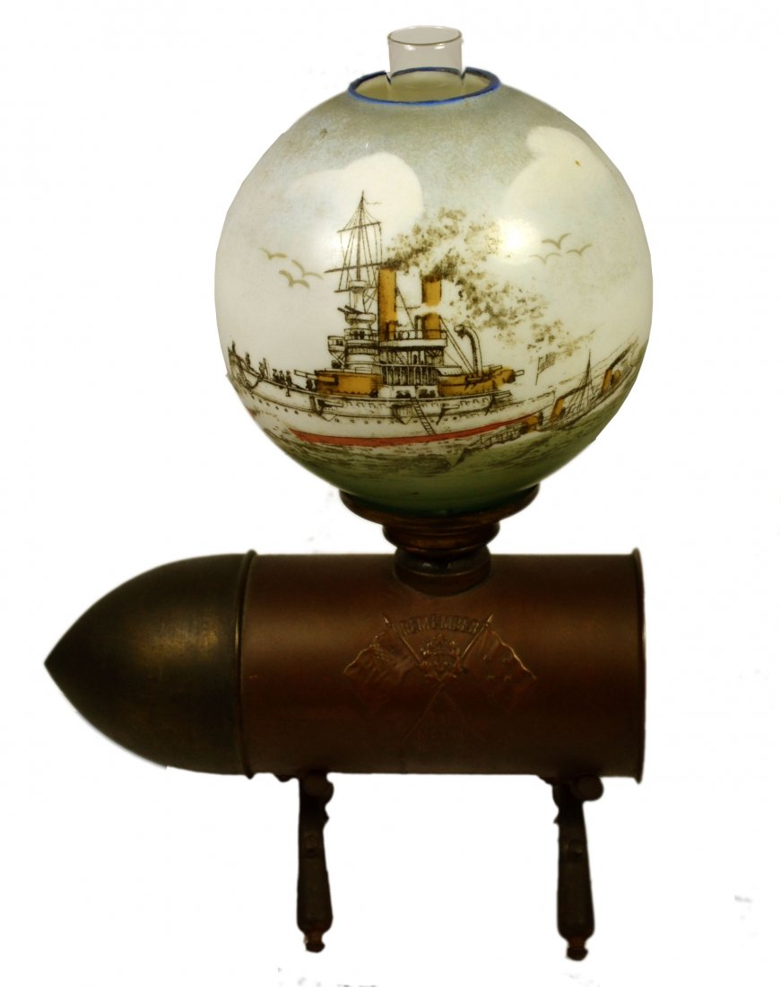 Oil Lamp, Admiral Dewey, Artillery Shell: Oil Lamp, Admiral Dewey, Artillery Shell An Admiral Dewey artillery shell oil lamp with original glass ball shade. The artillery shell with oil reservoir is stamped copper, embossed "Admiral Dewey's L