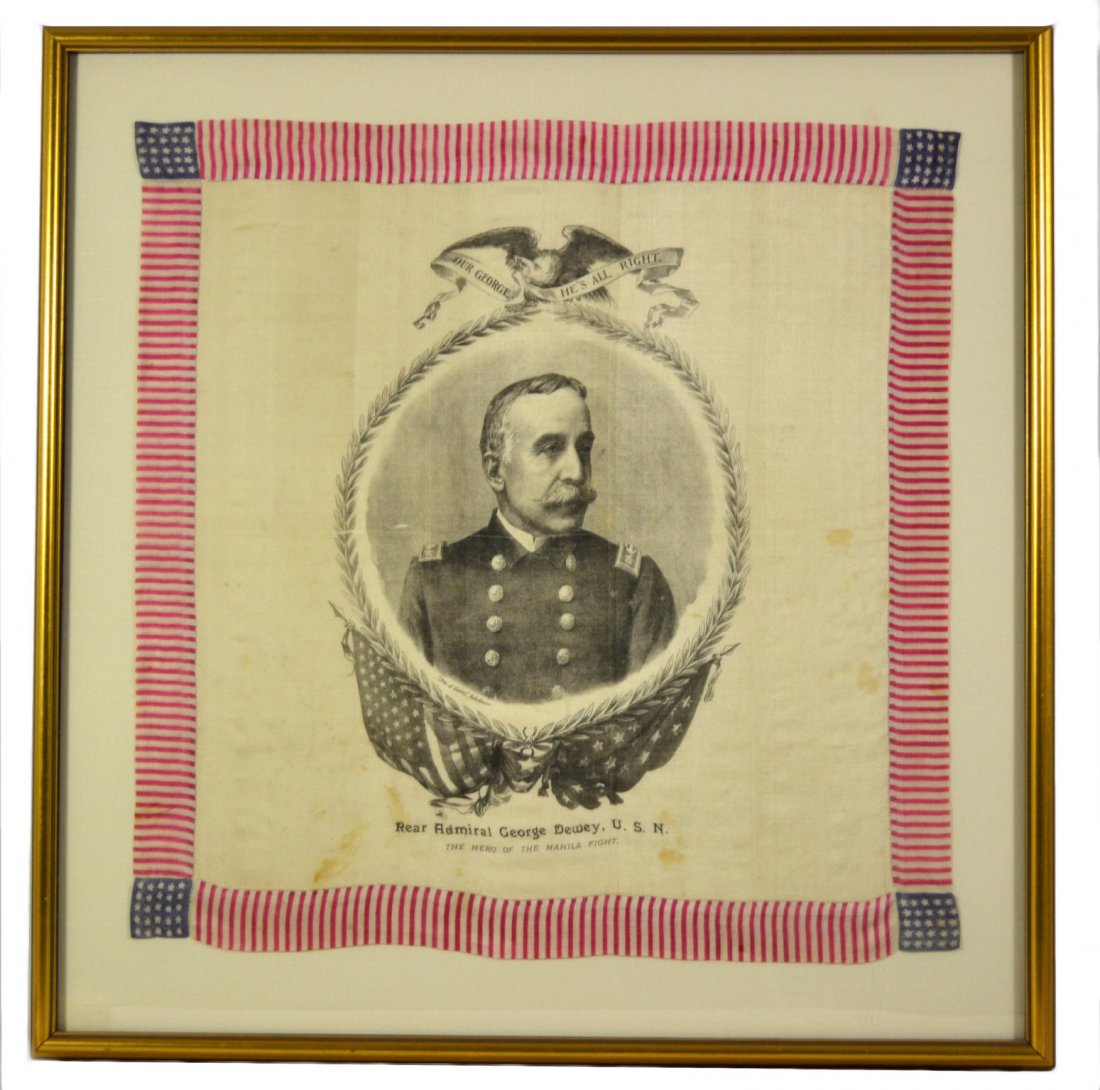 Textile, Admiral Dewey, c.1900: Textile, Admiral Dewey, c.1900 A Spanish American War lithograph portrait of Admiral George Dewey on silk. With hand sewn silk border of a printed color flag. The stripes and stars of the border were 