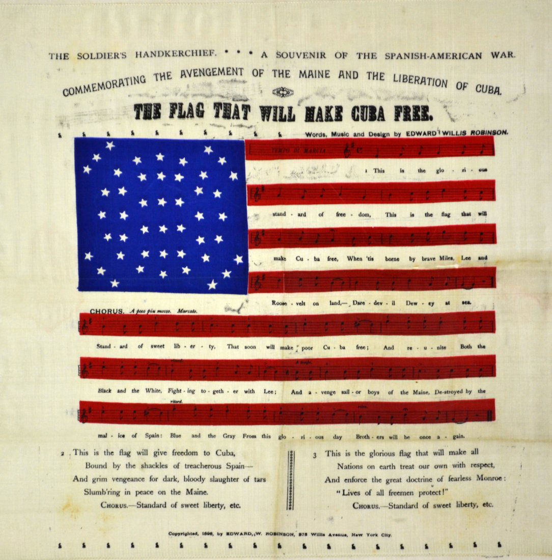 Handkerchief, Spanish American War, c.1900: Handkerchief, Spanish American War, c.1900 A chromolithograph textile souvenir of the Spanish American War. It reads "The soldiers handkerchief, A souvenir of the Spanish American War commemorating th