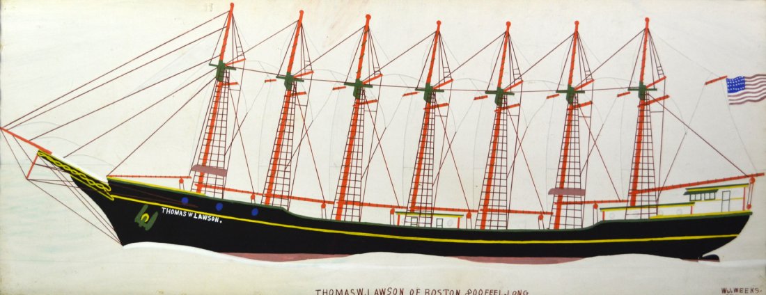 Gouache, Thomas W. Lawson of Boston, c. 1900: Gouache, Thomas W. Lawson of Boston, c. 1900 A gouache on paper painting of the seven masted schooner Thomas W. Lawson of Boston. Signed W. J. Weeks of E.(Elizabeth) City, NC. Artist inscribed in a le