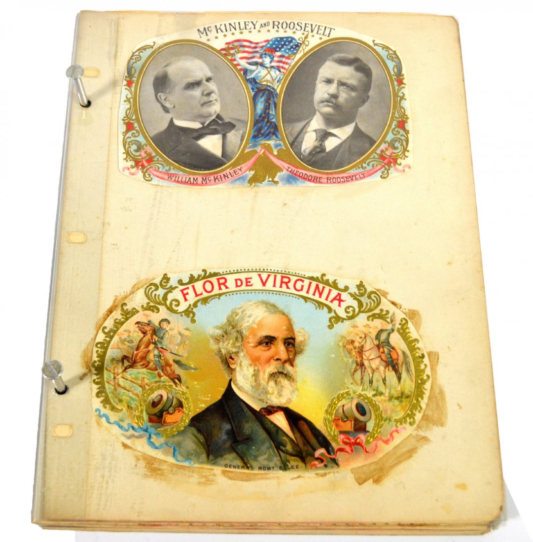 Album Cigar Box Labels, Spanish American War: Album Cigar Box Labels, Spanish American War A collection of cigar box labels put together into one album. A total of 65 labels. Include McKinley, Roosevelt, Spanish American War, Admiral George Dewey