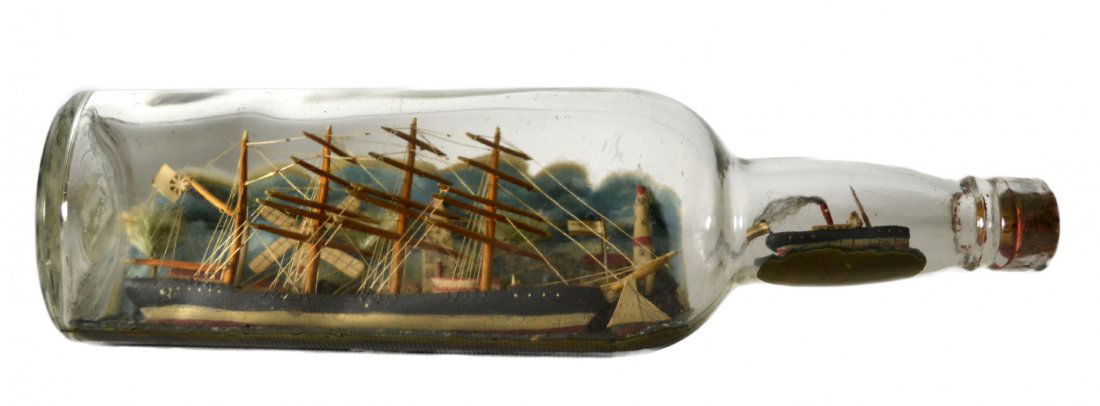 Ship In a Bottle, Bark w/British Flag, c. 1940: Ship In a Bottle, Bark w/British Flag, c. 1940 The Vessel Name: None Country of Origin: Britain Type: Bark with 3 other vessels Hull: Blue, white and red Rigging: Stays on masts, painted on blocks Dec