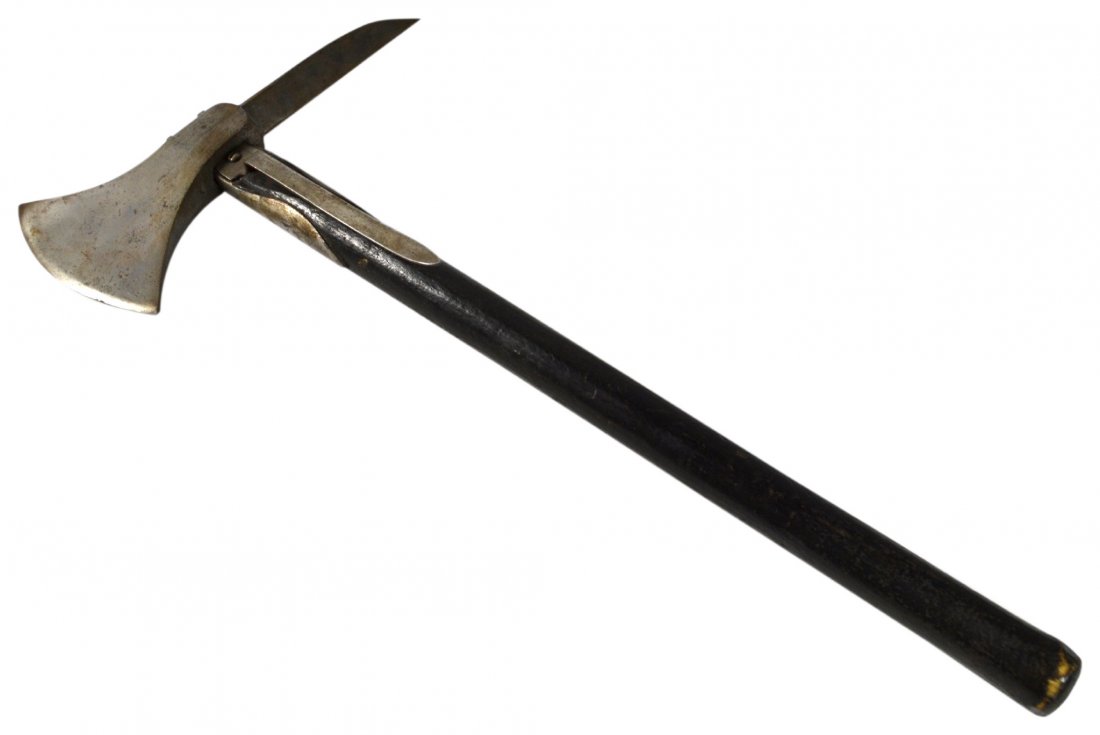 Boarding axe, w/belt clip, original blk. paint: Boarding axe, w/belt clip, original blk. paint Boarding ax Material: Wood handle, iron Construction: Pinned head Marks: None Features: A French naval boarding axe, ( also imported to America ) pattern