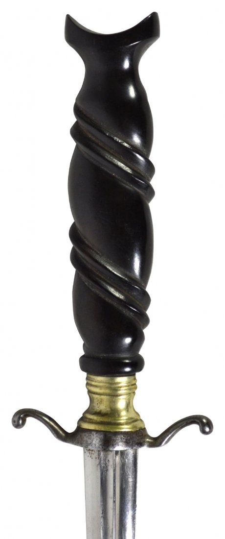 Stiletto, horn handle, 19th century German silver: Stiletto, horn handle, 19th century German silver Dirk Material: Steel,horn and silver Marks: none Features: Nicely carved horn handle with German silver bolster shaped cross guard. Square tapering bl