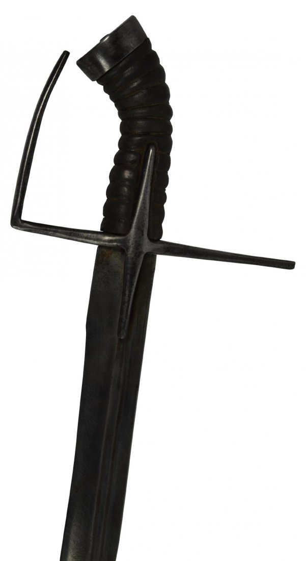 Sabre, Scimitar or scimitar style blade, c. 1800: Sabre, Scimitar or scimitar style blade, c. 1800 Saber Material: Steel & leather Construction: Blade peened over at pommel head Marks: None Features: Hilt is horse hoof shaped with steel end cap, leat