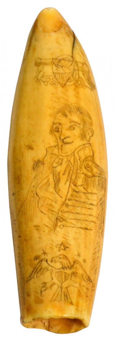 Whale's Tooth, 4.5" Scrimshaw,19th C: Whale's Tooth, 4.5" Scrimshaw,19th C Whale tooth Age: 19th C tooth & engraving Materials: Ivory Maker: Unknown Description: Whales tooth scrimshaw, portrait of a military officer with a canon and cres