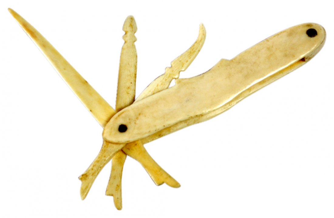 Folding toothpick, Ivory, 19th century: Folding toothpick, Ivory, 19th century Form: Toothpick Material: Ivory, metal Construction: Carved and pinned Date: 19th century Description: Hand carved ivory folding toothpicks, the 3 toothpicks are