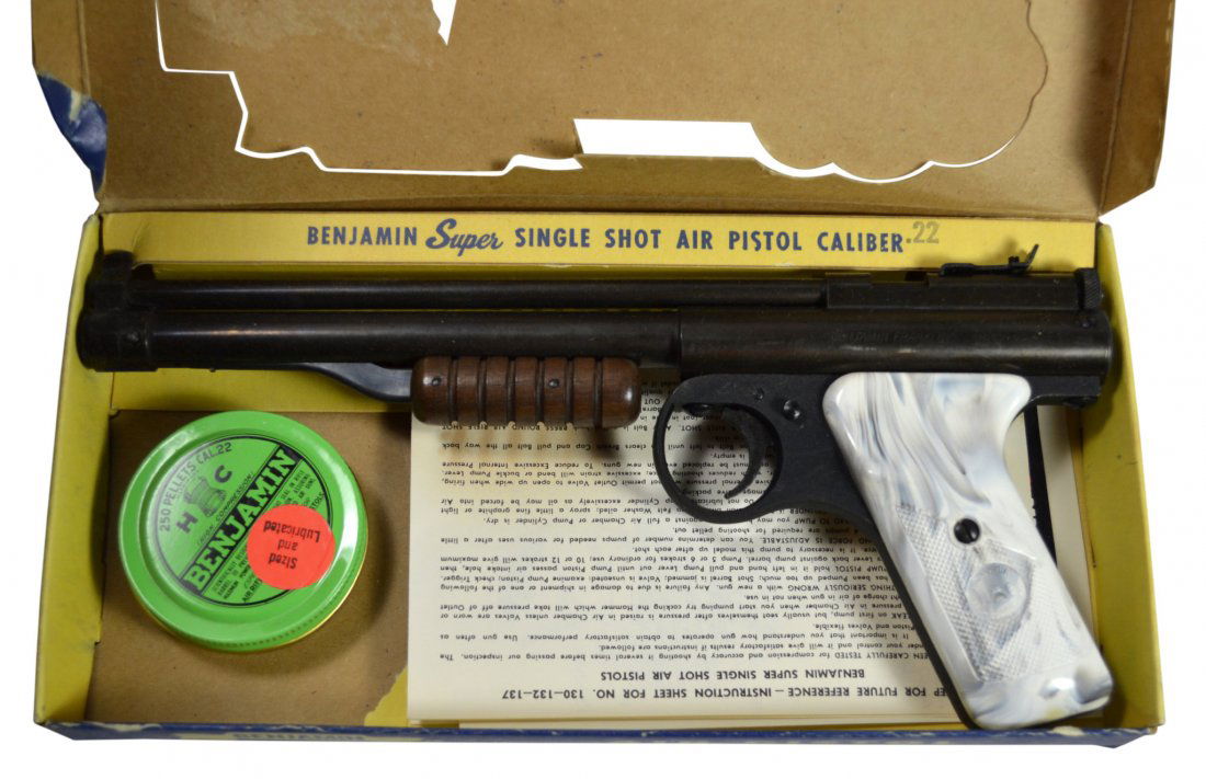 Pistol, Benjamin, 'Air', single shot: Pistol, Benjamin, 'Air', single shot Pump single shot pellet gun Type: Air pistol Maker: Benjamin Model: No 132 Year: 1977 Age: 1977 Caliber: 22 Serial: B109999 Description: Benjamin no 132 in 22 cali