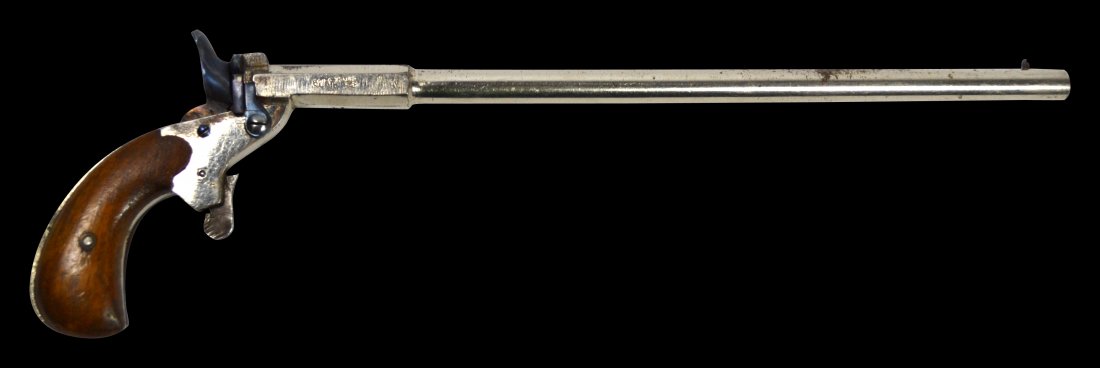 Target pistol-14: Target pistol-14 single shot long barreled pistol Type: single shot pistol Maker: Unknown Model: Unknown Year: Unknown Age: C 20th Century Caliber: 6 mm rimfire Serial: 14 Description: This single sho