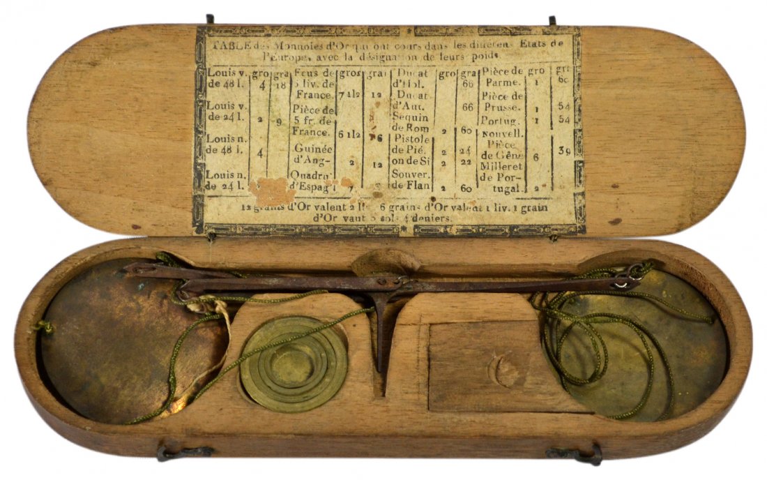 Coin / Gold Scale, French, c.1799: Coin / Gold Scale, French, c.1799 Scale Balance Material: Mahogany, Brass, copper Construction: Forged Marks: Original tag Features: Hand Held Coin Scale. An important boxed money scale with an origin