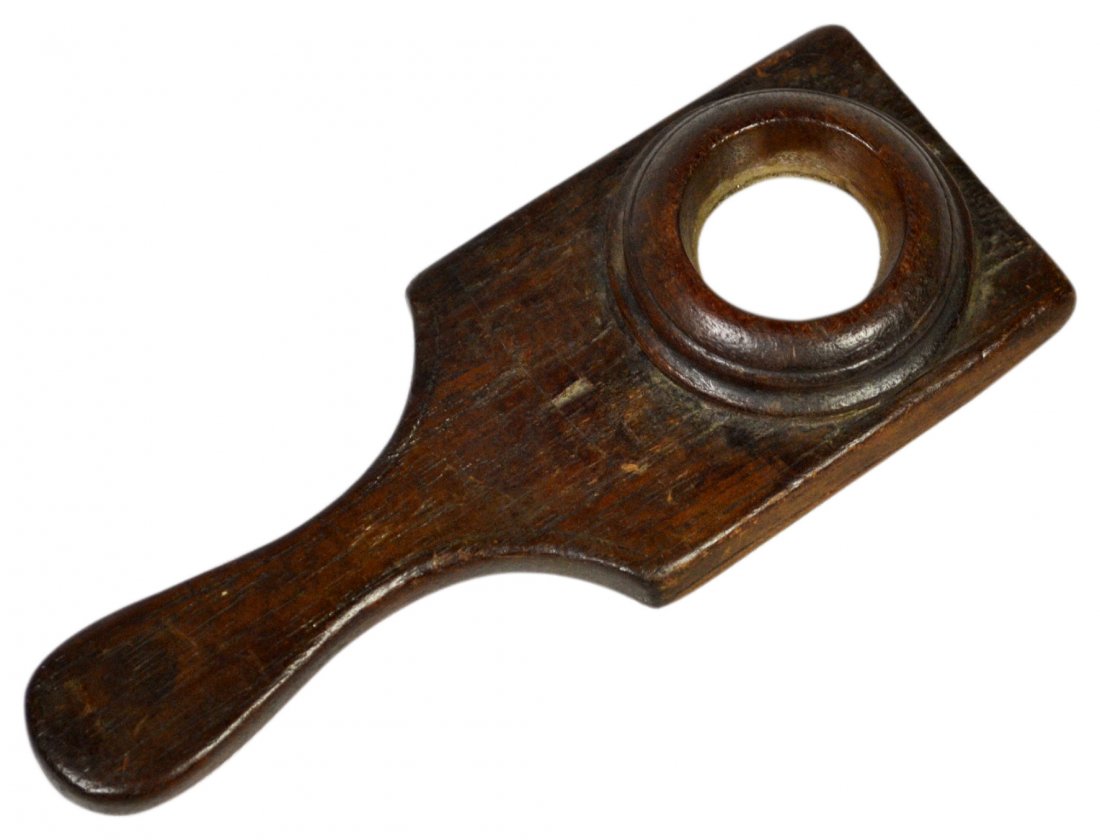 Magnifying or Burning Glass, circa 1800: Magnifying or Burning Glass, circa 1800 Loupe Material: Mahogany, glass Construction: Carved Marks: H Features: Raised eye piece, lens set with wood bezel. Paddle shaped mahogany frame with grip handl