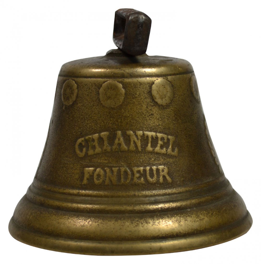 Cow Bell, 'Chiantel Fondeur-Saicnelegier 1878': Cow Bell, 'Chiantel Fondeur-Saicnelegier 1878' Cow Bell Material: Brass, iron Construction: Cast Features: Rosette decoration around top with the founders name "Chiantel Findeur, and 1878 Saicnelegier