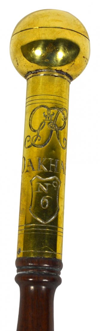 Tipstaff, Brass, Mahogany, George III: Tipstaff, Brass, Mahogany, George III Tipstaff. Material: Brass and mahogany. Construction: Cast and carved. Features: Tipstaff with brass head engraved "GR III", Oakham No. 6" being the district of j