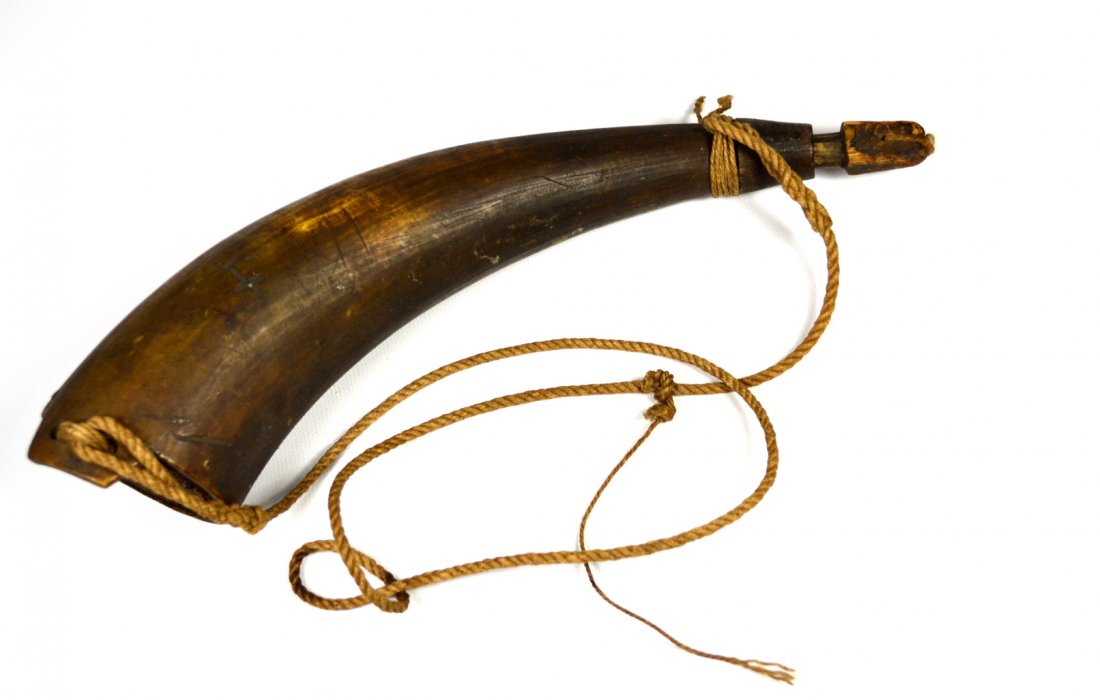 Powder Horn w/ Wood Plug, 18th Century: Powder Horn w/ Wood Plug, 18th Century Powder Horn Age: 18th C Materials: Horn Marks: E M W Description: 18th C Powder Horn w/ wood plug with carrying & plug cords; engraved with initials E M W, a cro