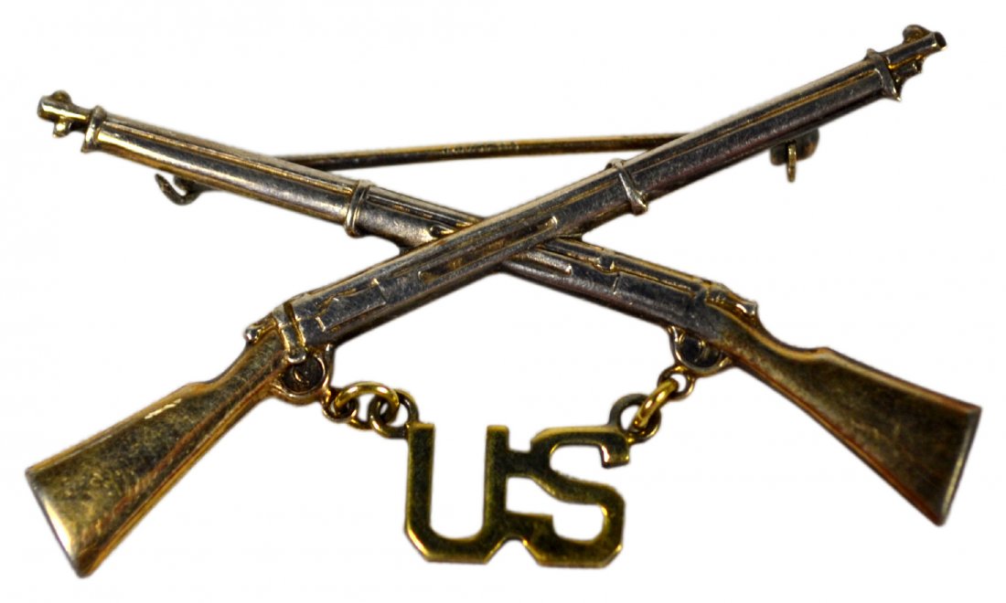 Pin, Spanish American War, Crossed Krag Rifles: Pin, Spanish American War, Crossed Krag Rifles Pin. Age: Circa 1900. Materials: Sterling silver. Marks: "Sterling: Description: Depicts two crossed krag rifles and below hangs "U.S." Provenance: Miki