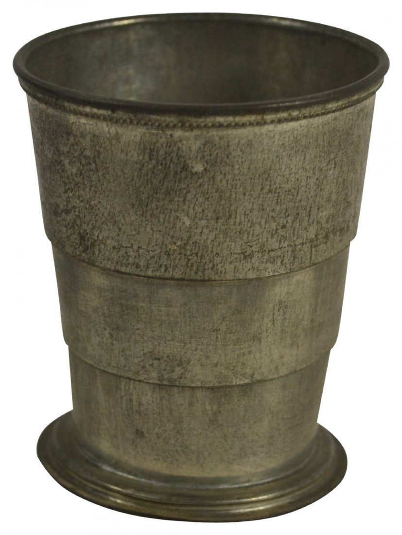 Collapsible Cup, tole Case w/ Dice: Collapsible Cup In Toleware Case w/ Dice Collapsible cup. Age: 19th century. Materials: Metal and bone. Marks: "W" Construction: Stamped and carved. Description: Inside the case is a collapsible cup c