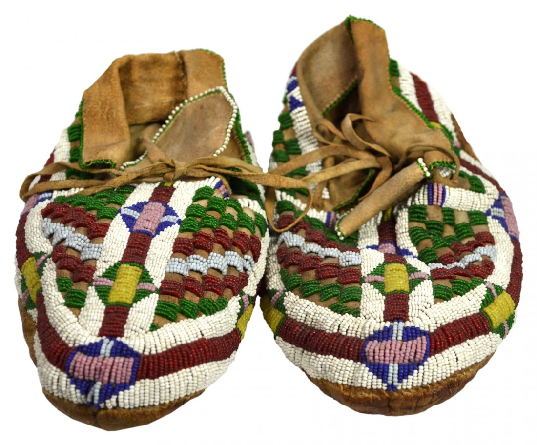 Moccasins, Cheyenne origin Lame Deer: Moccasins, Cheyenne origin Lame Deer Moccassins Maker: Native American Materials: Leather, glass Age: 19th century Description: Soft sole moccasins probably Sioux or their neighbor tribe Cheyenne. Cro