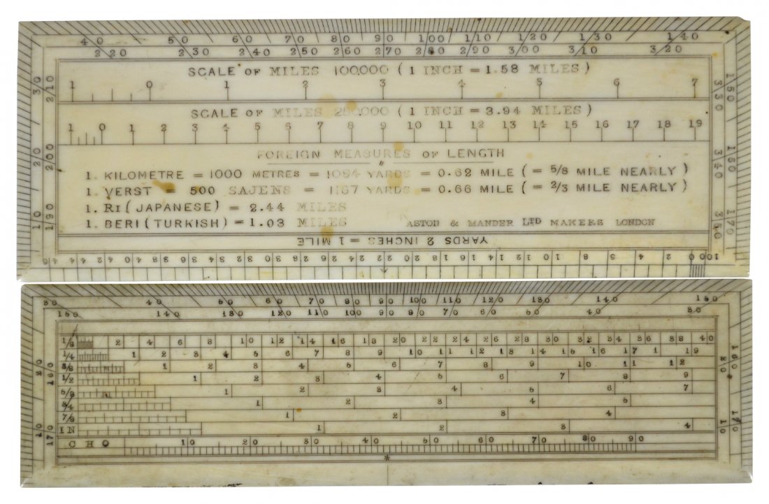 2 gunnery rules, ivory, protractor, Aston&Mander: 2 gunnery rules, ivory, protractor, Aston&Mander Form: Gunnery scale Material: Ivory Marks: Aston and Mander London Construction: Hand carved Features: Scales with two six inch protractor used for gun