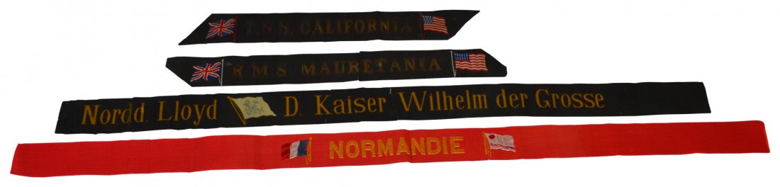 (4) Sailor Hat Tally's or Ribbons, Early 20th C.: (4) Sailor Hat Tally's or Ribbons, Early 20th C. Hat Tallys/Ribbons Materials: Cloth, thread Description: Four Early 20th century Hat Tally's . #1 Normande ( Red ribbon with flag on each side, #2 says
