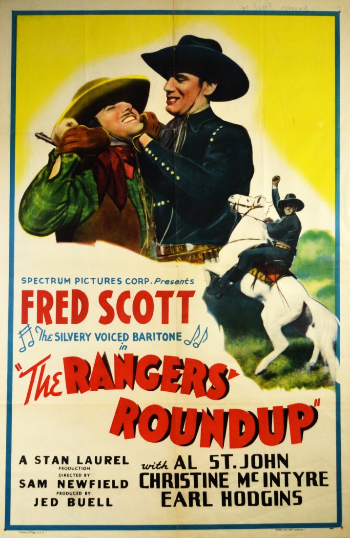 Movie Poster, "The Rangers Roundup" 1938: Movie Poster, "The Rangers Roundup" 1938 An original movie poster for "The Rangers Roundup" released in 1938. Starring Fred Scott, Al St. John, Christine McIntyre, and Earl Hodgins. Presented by Spect