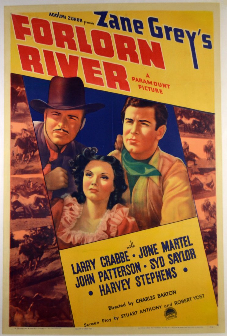 Movie Poster, "Forlorn River" 1937: Movie Poster, "Forlorn River" 1937 An original movie poster, "Forlorn River" 1937. Starring Larry Crabbe, June Martel, John Patterson, Syd Sayor and Harvey Stephens. Directed by Charles Barton. Screen