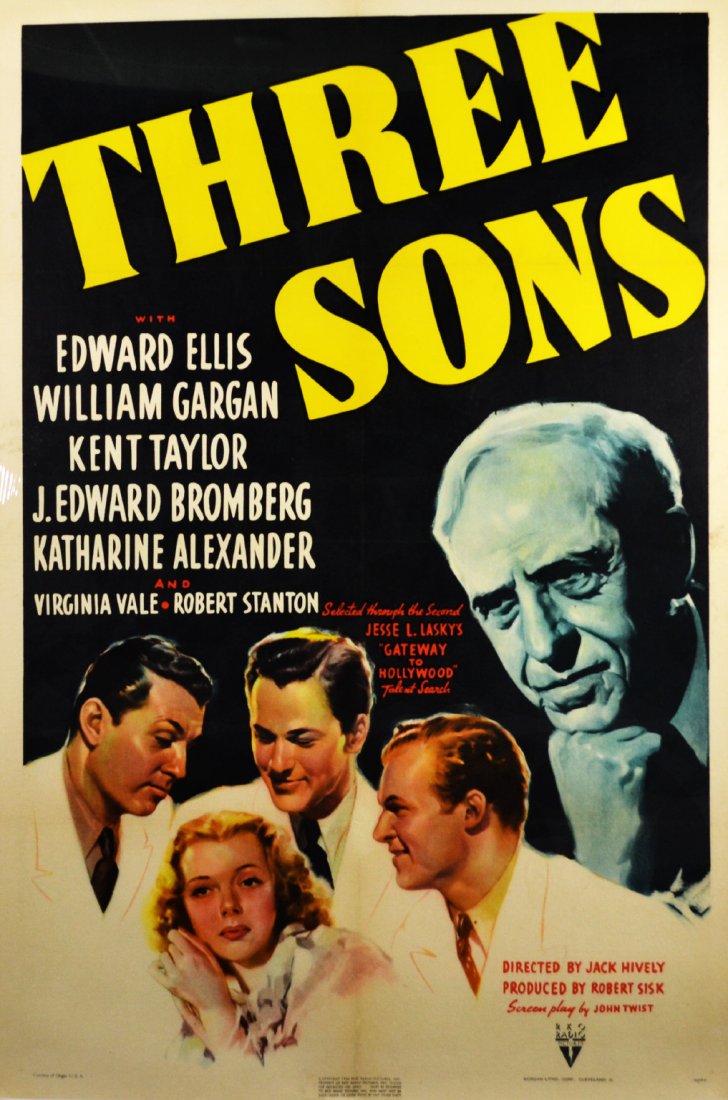 Movie Poster, "Three Sons" 1939: Movie Poster, "Three Sons" 1939 An original movie poster, "Three Sons", released in 1939. Starring Edward Ellis, William Gargan, Kent Taylor, J. Edward Bromberg, Katharine Alexander, Virginia Vale and