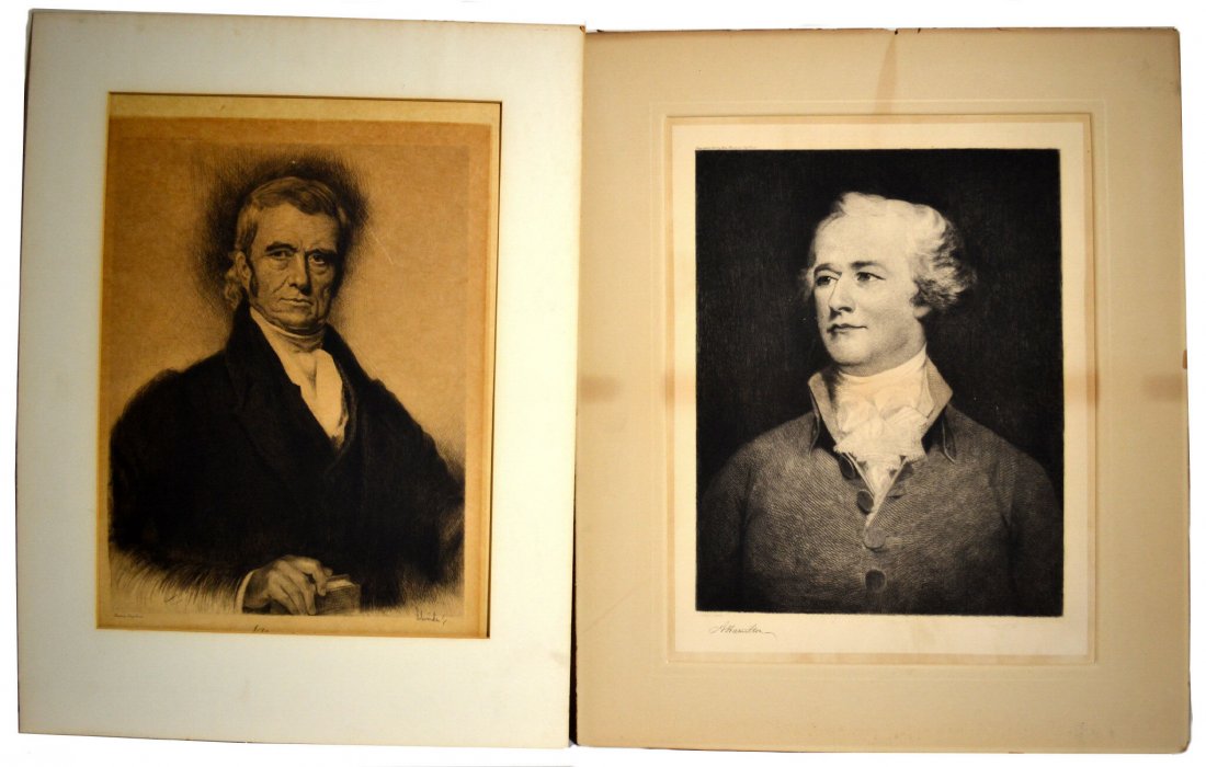 (2) Prints, John Marshall & Alexander Hamilton: (2) Prints, John Marshall & Alexander Hamilton Two (2) prints. The first is an engraving of John Marshall after a painting by Henry Inman. Signed by the artist, "Schneider" in pencil, along the lower