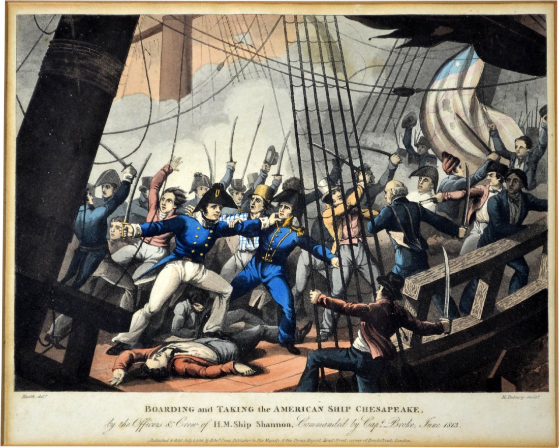 Print, 'Boarding&Taking the Amer. Ship Chesapeake: Print, 'Boarding&Taking the Amer. Ship Chesapeake Title: Boarding the Chesapeake Artist: M.Dubourg Publisher: Edward Orme, Prince regent Engraver: M. Doubourg Description: 1816 print, hand colored pri