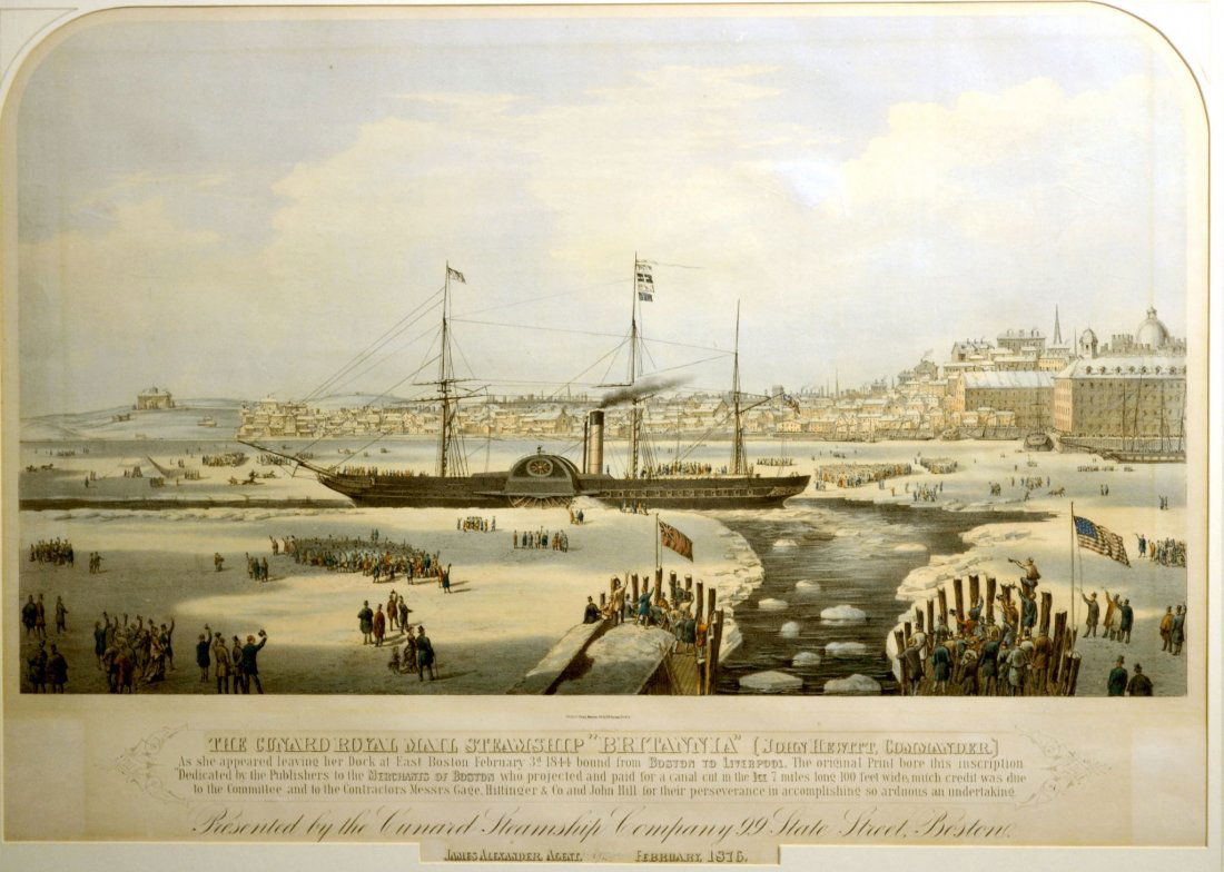 Lithograph 'Steamship Britannia', James Alexander: Lithograph 'Steamship Britannia', James Alexander Title: 'Steamship Britannia' Publisher: James Alexander. Description: Lithograph reads "The Cunard Royal Mail Steamship "Britannia" (John Hewett, Comm