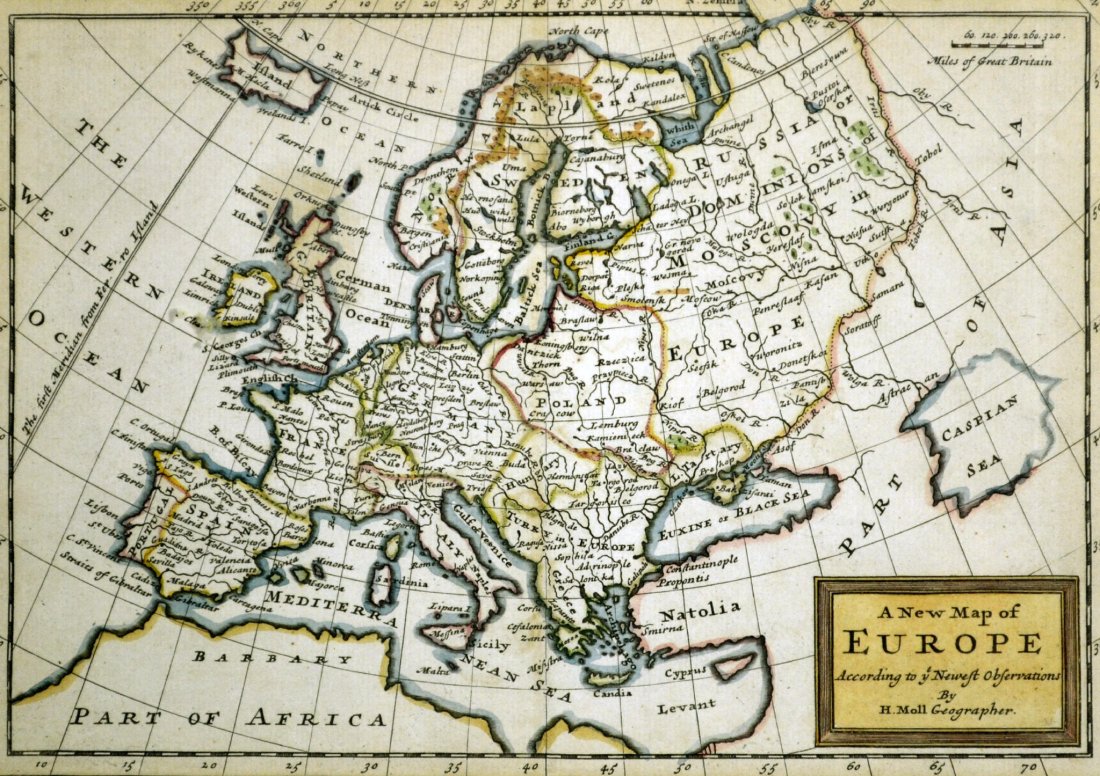 Map, Europe Herman Moll, 1721: Map, Europe Herman Moll, 1721 Title: A New Map of Europe Artist: Herman Moll Engraver: Herman Moll Description: A New Map of Europe According to the Newest Observations by H. Moll Geographer (1721). H