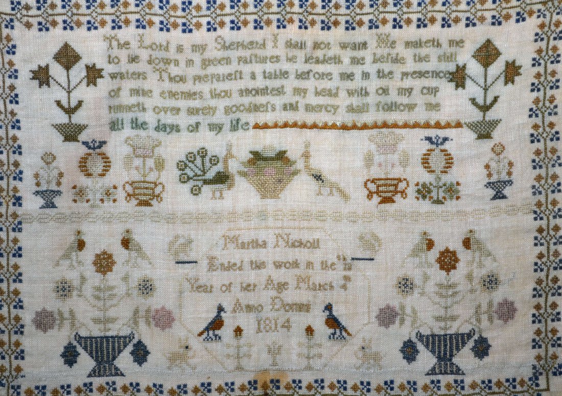 Sampler, Needlework, Martha Nicholl, C. 1814: Sampler, Needlework, Martha Nicholl, C. 1814 Title: 'Psalm 23' Artist: Martha Nicholl. Description: Silk on linen sampler embroidered with flowers and birds. Floral decorated border. It reads "The Lor