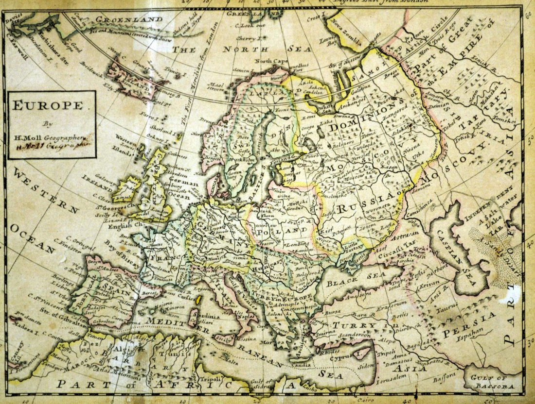 Map, engraved, Europe, 'Atlas Minor', 1727-32: Map, engraved, Europe, 'Atlas Minor', 1727-32 Title: New map of europe 1721 Artist: Herman Moll Publisher: Herman Moll Engraver: Herman Moll Description: Herman Moll's hand colored map from a new map