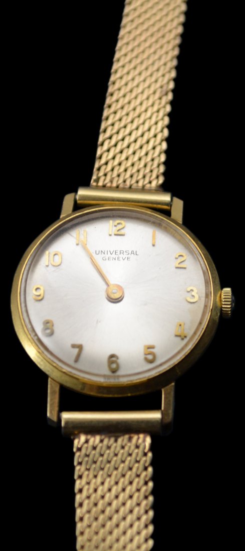 20th Watch, 18k yellow gold, Universal Geneve: 20th Watch, 18k yellow gold, Universal Geneve Watch Description: Back of case reads 18K "29432"; bracelet stamped 14K with what appears to be an 'H' and a 'C' in two overlapping circles. Material: 14k