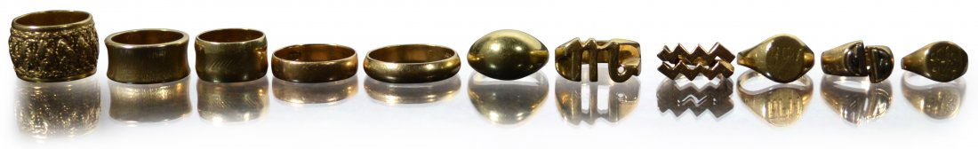 Rings, (11)/no stones/14k yellow gold,: Rings, (11)/no stones/14k yellow gold, Rings Description: All 14K gold, no stones. Material: 14k yellow gold. Weight: 41.9 dwt. Age: 20th C Condition: Some wear. Meta: Ring, Gold, Jewelry, gifts