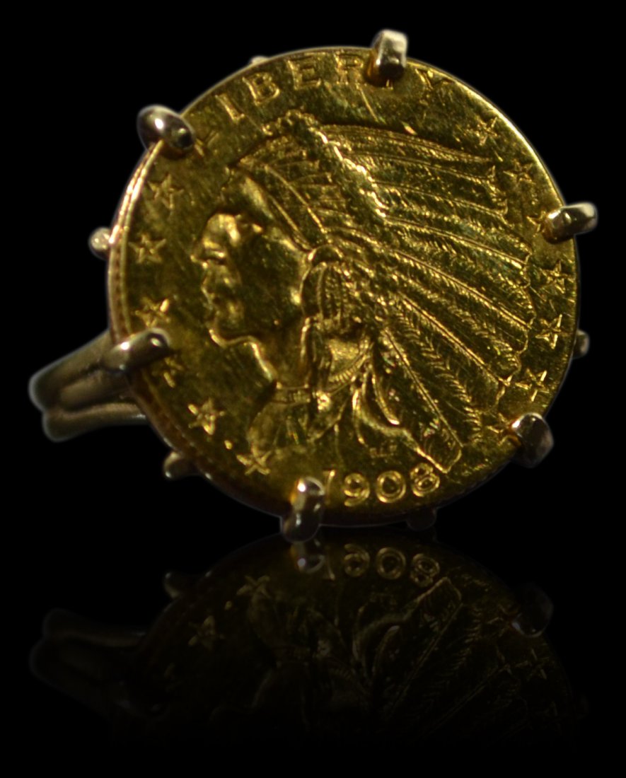 Ring, 1908 2.5 dollar Indian head gold coin: Ring, 1908 2.5 dollar Indian head gold coin Ring Description: 2.5 Dollar Indian head coin. 1908 Size: 4.5 Weight: 5.3 dwt Age: 20th C Condition: Very Good Meta: Mens Jewelry, Gold, gift, Coin.