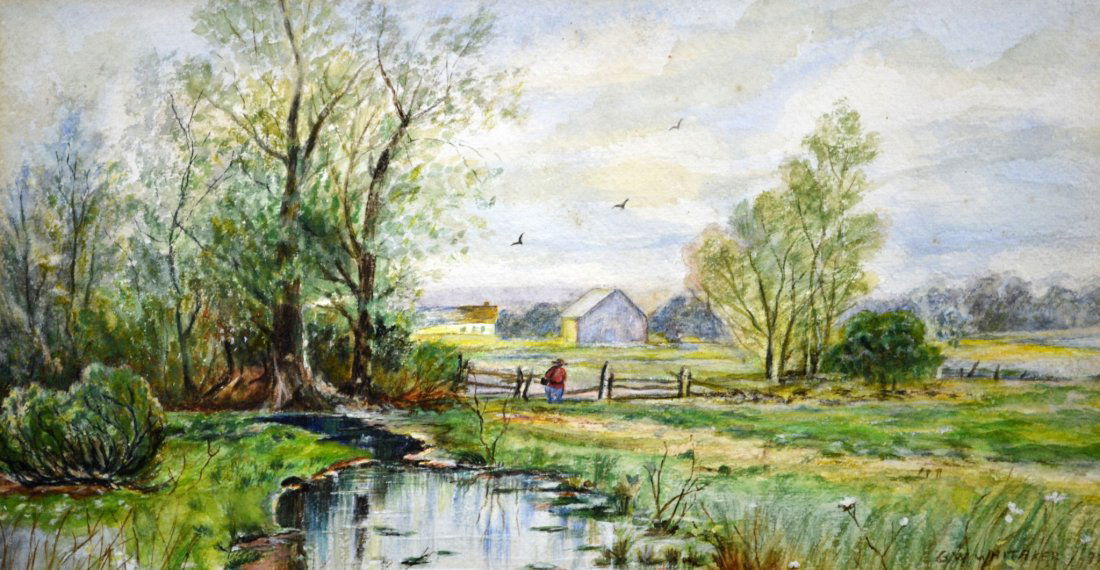 W/C Landscape w/ buildings, George Whitaker: W/C Landscape w/ buildings, George Whitaker A water color on paper landscape painting of 'stream and farm' by George Whitaker. Framed under glass. George William Whitaker (American 1841 - 1916) lived