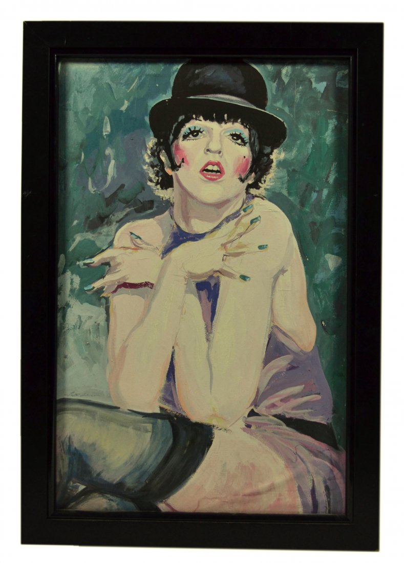 O/C/B 'Liza Minelli', Unsigned: O/C/B 'Liza Minelli', Unsigned Medium: Oil. Support: Canvas board. Country of Origin: America. Title & Description: 'Liza Minelli'. Painting depicts a seated Liza Minelli wearing a top hat. Signature: