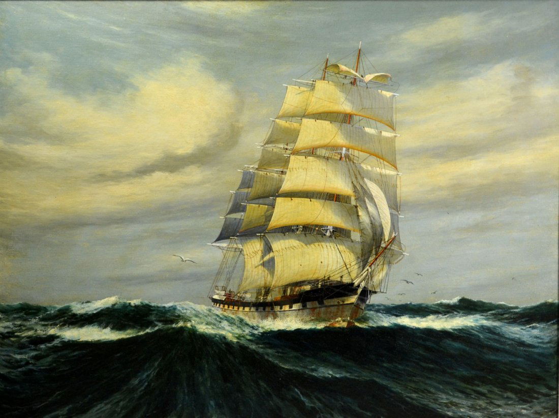 O/C/M Ship Painting by S. Mancuso: O/C/M Ship Painting by S. Mancuso Medium: Oil Support: Oil on canvas on masonite Artist: S. Mancuso Artist Dates: c. mid-20th C Country of Origin: America Title & Description: Portrait of a Merchant s