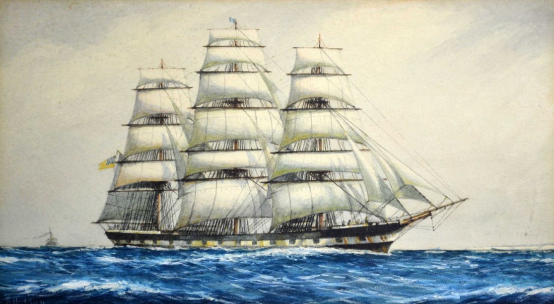 W/C/G/P, 'American Ship', Circle of W. Birchall: W/C/G/P, 'American Ship', Circle of W. Birchall Medium: Watercolor & gouache. Support: Paper Country of Origin: America. Title & Description: 'American Ship'. Painting depicts a portrait of a ship tha
