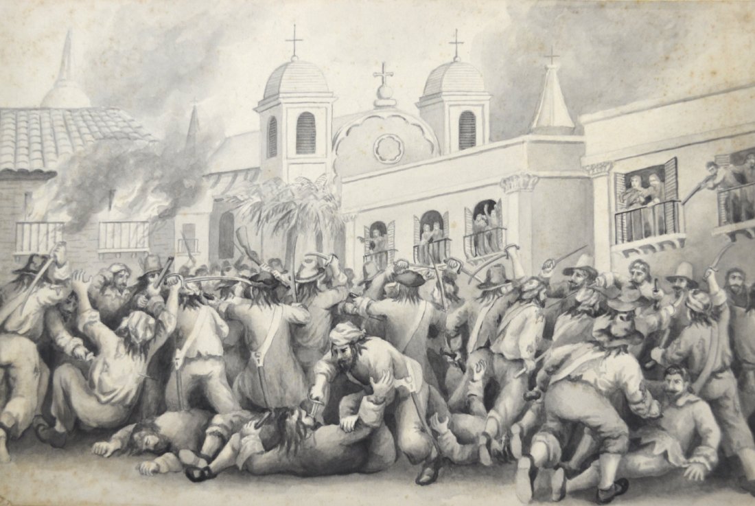 W/C/P, H. Fletcher "Storming of Panama": W/C/P, H. Fletcher "Storming of Panama" Medium: Watercolor. Support: Paper. Artist: H. Fletcher. Country of Origin: America. Title & Description: "Storming of Panama by the Buccaneers". Painting depic
