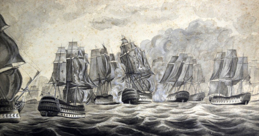 W/C/P H. Fletcher 'Battle of Trafalgar': W/C/P H. Fletcher 'Battle of Trafalgar' Medium: Watercolor. Support: Paper. Artist: H. Fletcher. Country of Origin: America. Title & Description: 'Battle of Trafalgar'. Painting depicts a naval scene