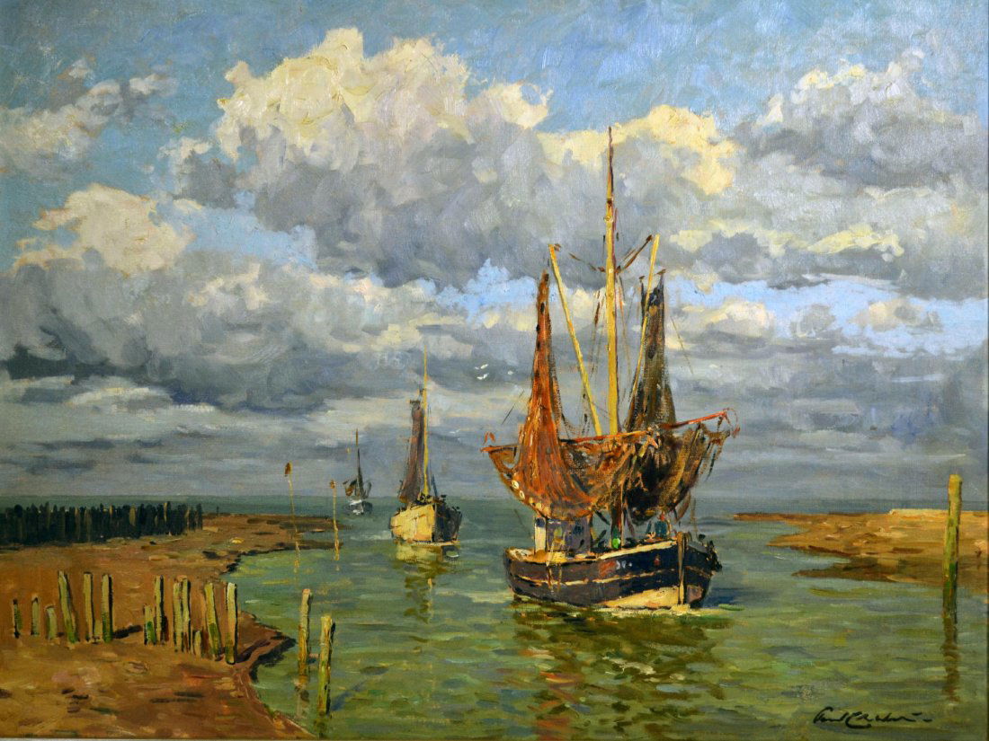 O/C, 'Fishing Boats Returning', Dutch School: O/C, 'Fishing Boats Returning', Dutch School Medium: Oil. Support: Canvas. Artist: Illegible Artist Dates: 20th century Country of Origin: Netherlands. Title & Description: 'Fishing Boats Returning'.