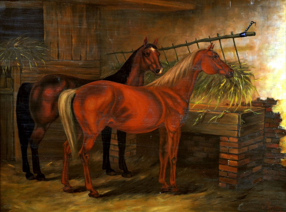 O/C/B, 'Feeding Time', Murphy, 20th C.: O/C/B, 'Feeding Time', Murphy, 20th C. Medium: Oil. Support: Canvas board. Title & Description: 'Feeding Time'. Depicts two horses feeding on hay in their stable. Signature: "Murphy", lower right. Dat